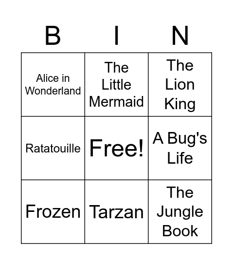 Disney Movies Bingo Card