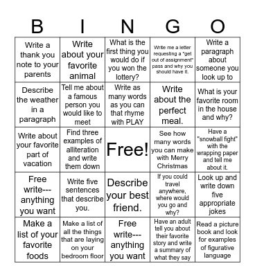 Writing  Bingo Card