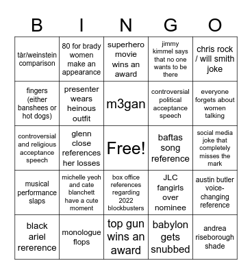 Oscars 2023 Bingo Card