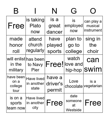 Get to know your classmate Bingo Card