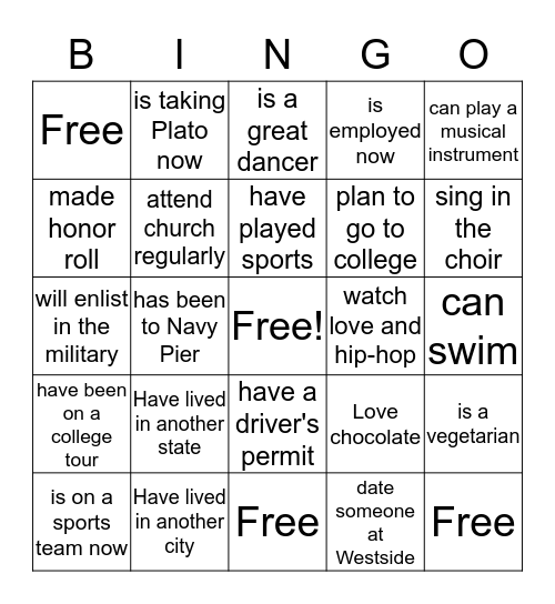 Get to know your classmate Bingo Card