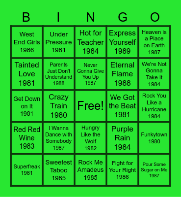 MUSIC BINGO at the Ann Arbor Eagles! Bingo Card