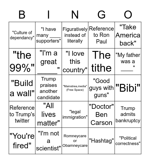 Republican Presidential Debate Bingo Card