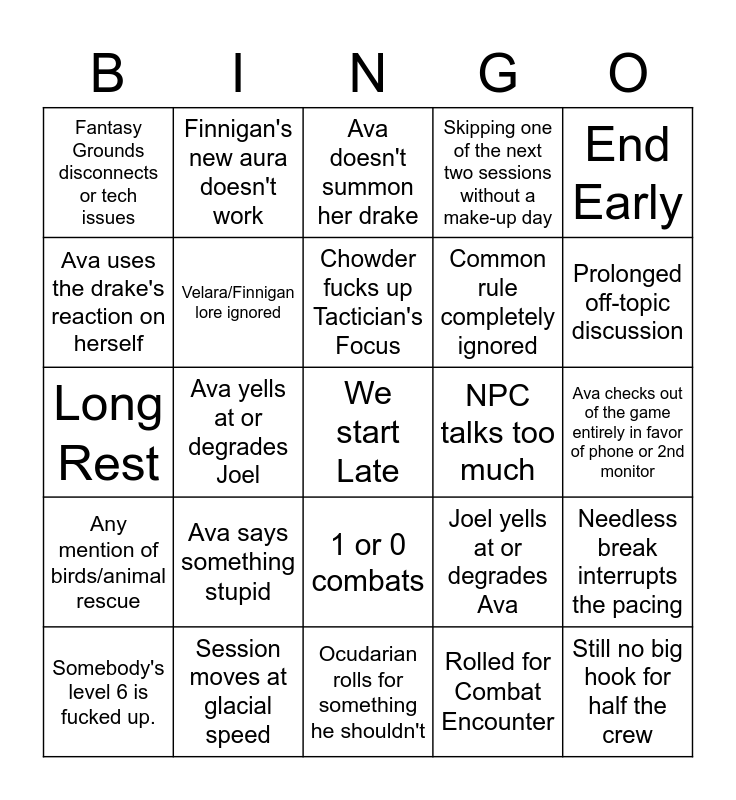 D&D Night Bingo Card