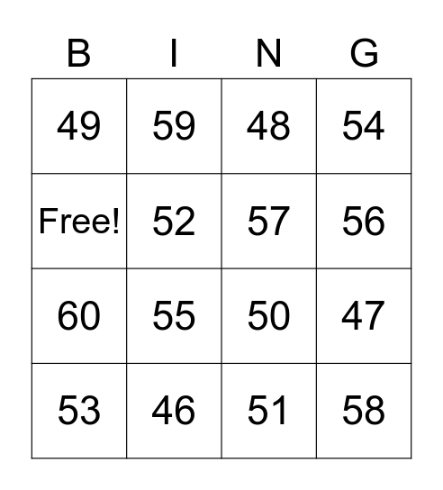 Numbers 50-60 Bingo Card