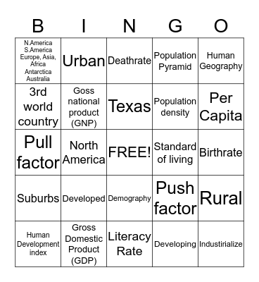 Human Geography Bingo Card