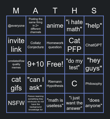Math Discord New User Bingo Card