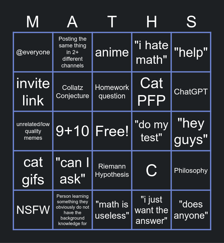 Math Discord New User Bingo Card