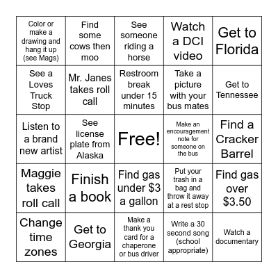 Hollister Road Trip Bingo Card