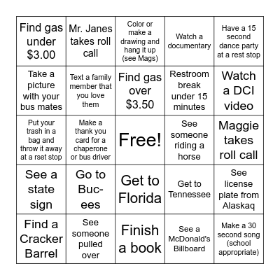 Hollister Road Trip Bingo Card