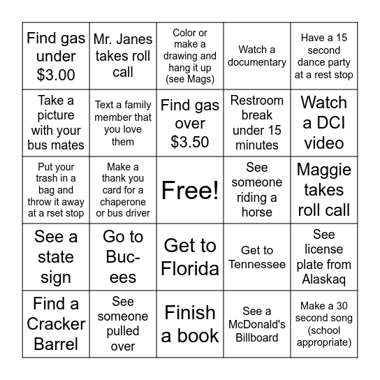 Hollister Road Trip Bingo Card