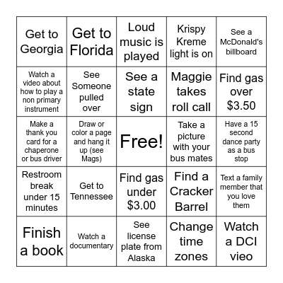 Hollister Road Trip Bingo Card