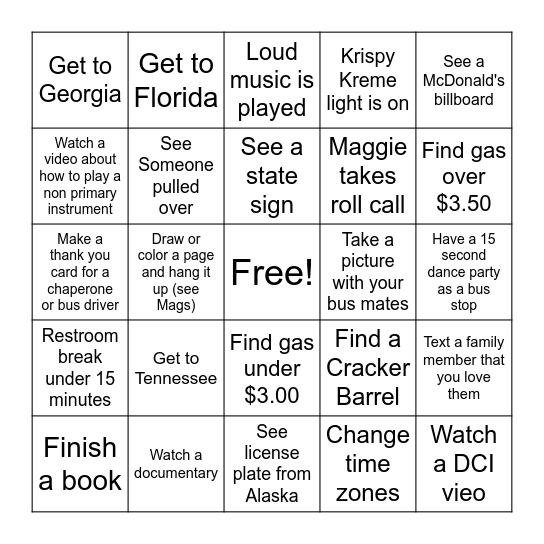 Hollister Road Trip Bingo Card