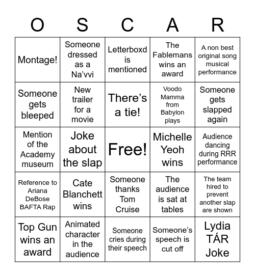 OSCARS 2023 Bingo Card