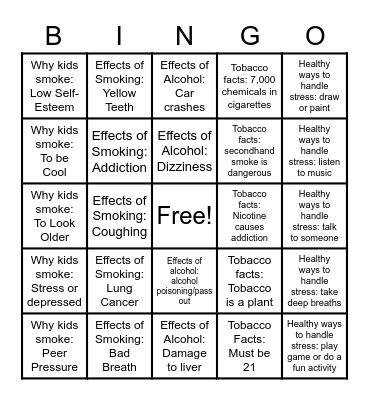 Tobacco & Alcohol Prevention Bingo Card