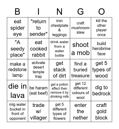 Minecraft lockout Bingo Card