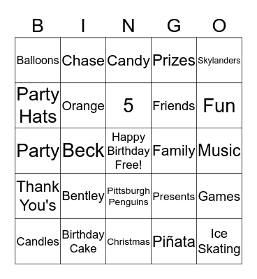 Bentley's Birthday Bingo Card