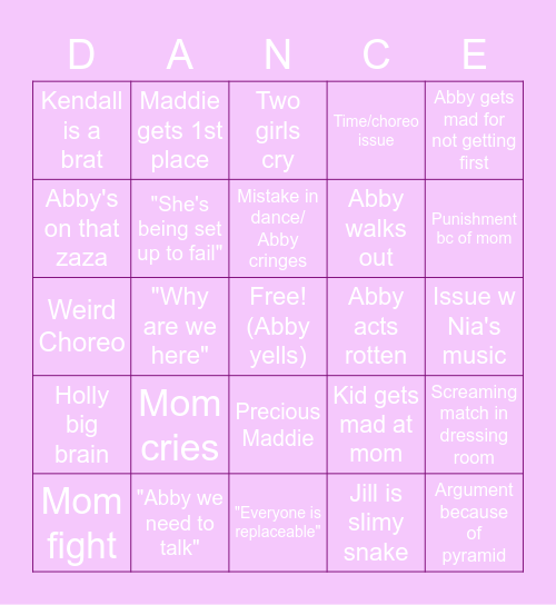 Dance Moms Bingo Card