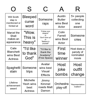 Speghetti and Oscars 2023 Bingo Card