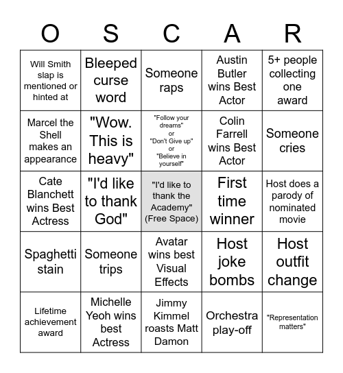 Speghetti and Oscars 2023 Bingo Card