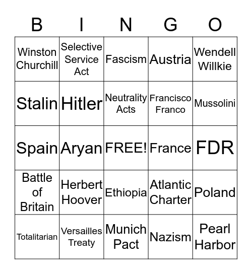 WWII Part One Bingo Card