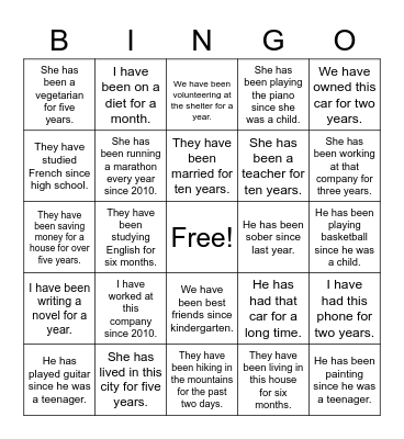 Present Perfect Bingo Card