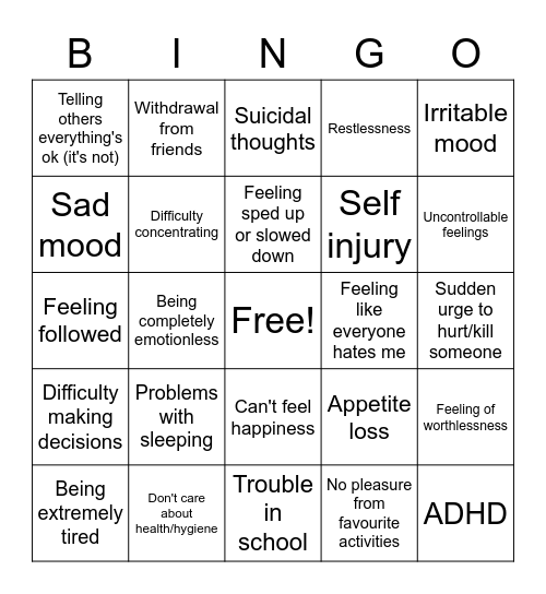 Depression bingo Card