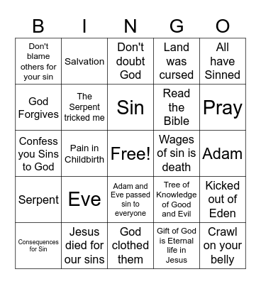 Adam and Eve Sinned Bingo Card