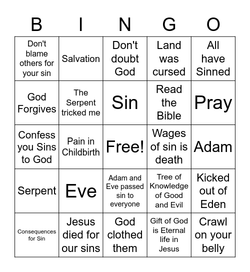 Adam and Eve Sinned Bingo Card