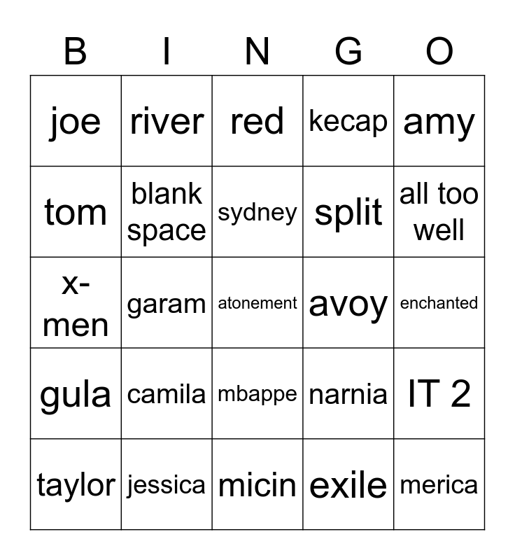 ZOE'S Bingo Card