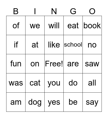 Sylvan Sight Words Bingo K-1 Bingo Card