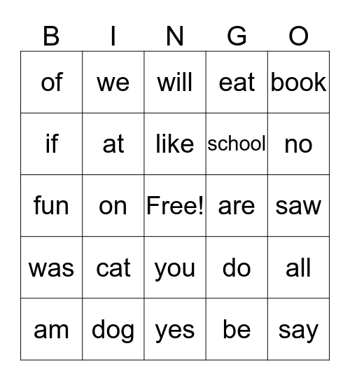 Sylvan Sight Words Bingo K-1 Bingo Card