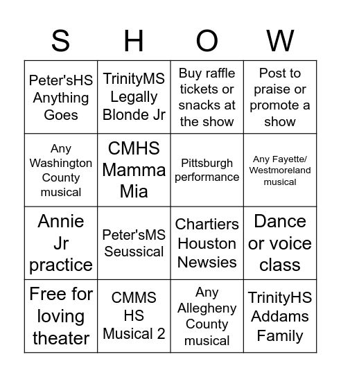 Musical March Madness Bingo Card