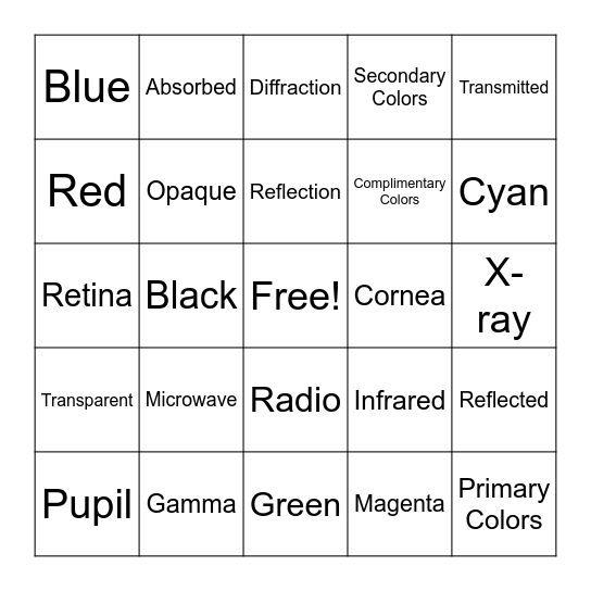 LIGHT AND COLOR BINGO Card