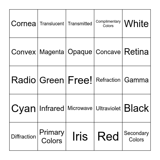 LIGHT AND COLOR BINGO Card