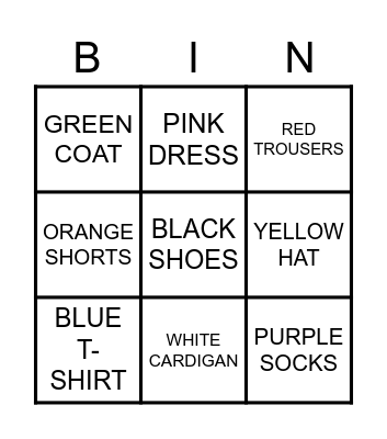 CLOTHES AND COLORS Bingo Card