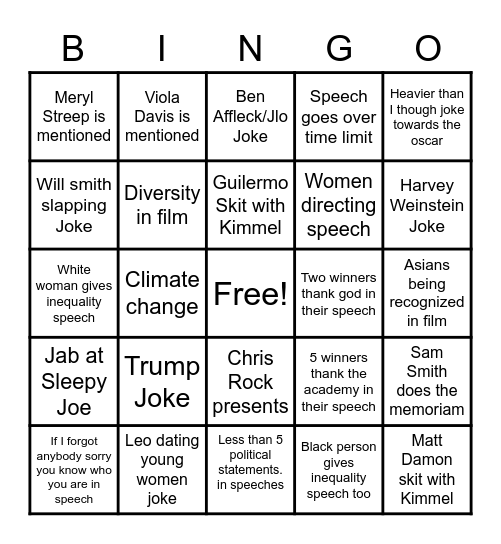 Oscars Bingo Card