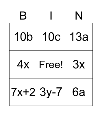 Algebra Bingo Card