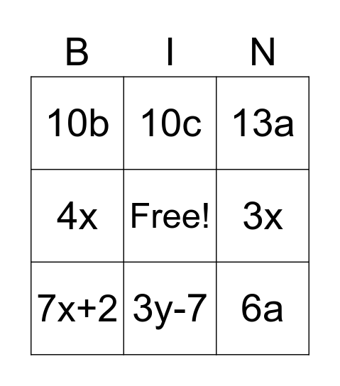 Algebra Bingo Card