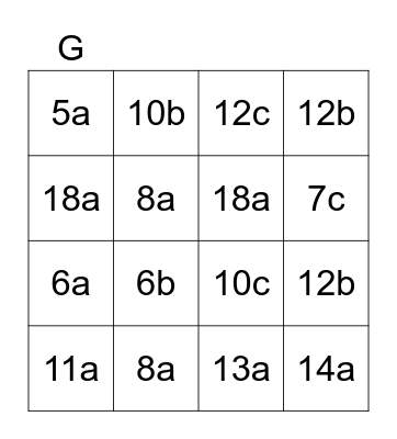 algebra bingo Card