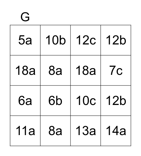 algebra bingo Card