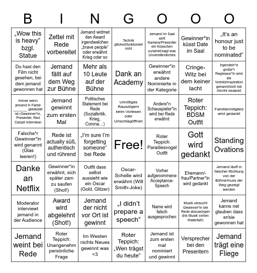 OSCARS 2023 Bingo Card