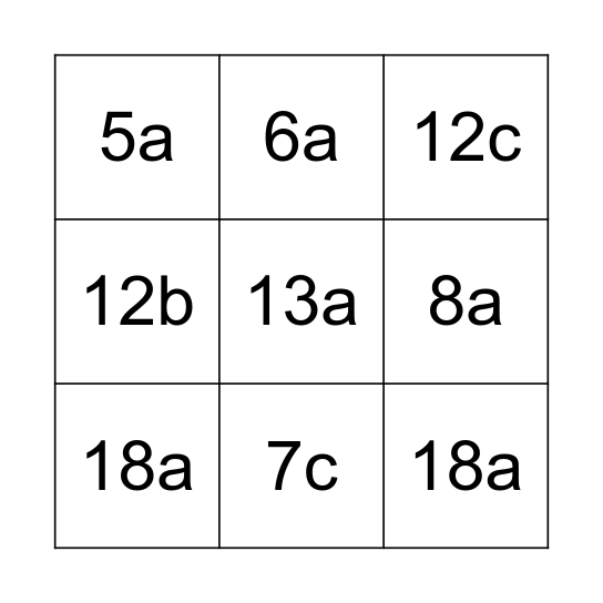 algebra bingo Card