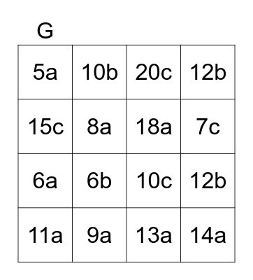 algebra bingo Card