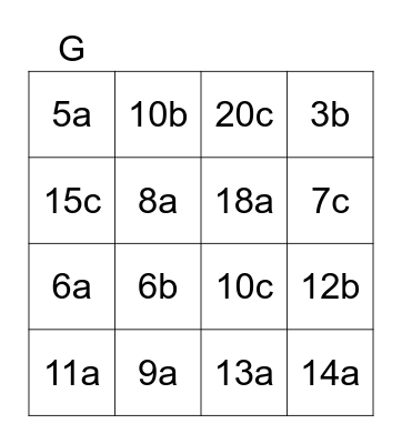 algebra bingo Card