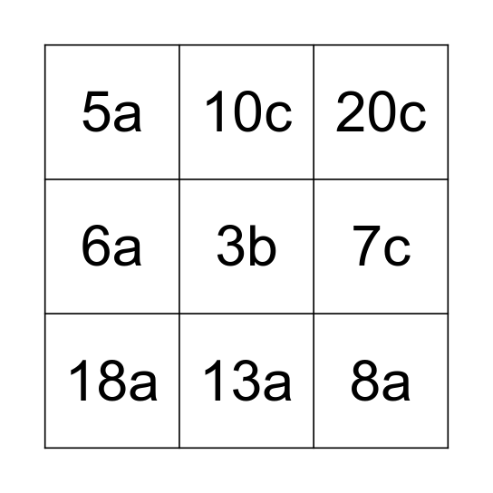 algebra bingo Card