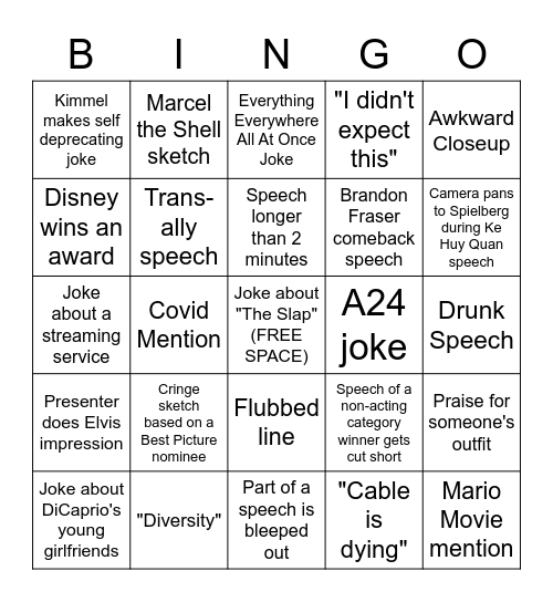 Oscars 2023 Bingo Card