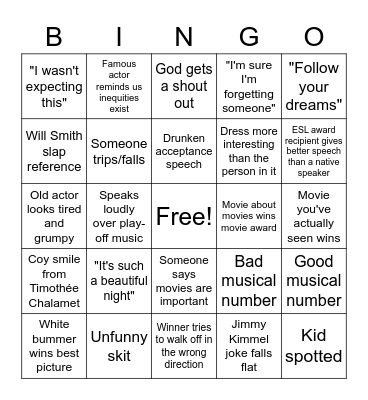 Oscars Night 2023 Bingo Card