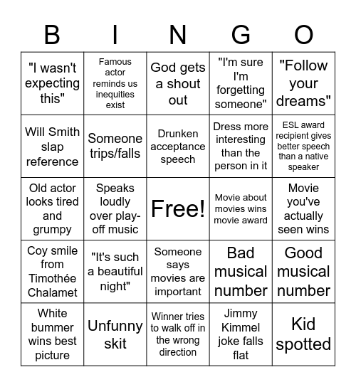 Oscars Night 2023 Bingo Card