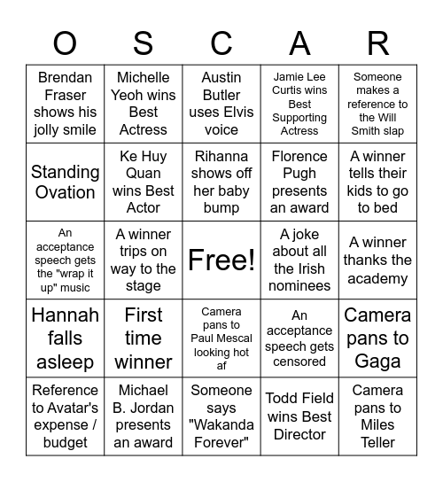 Oscars Watch Party Bingo Card